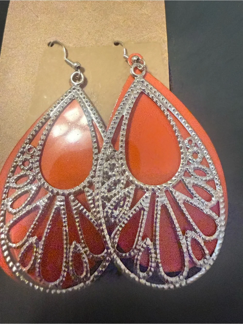 Silver Filigree Teardrop Earrings with Orange Inset